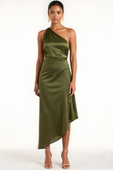 Olive Brautjungfernkleid aus Satin in Teelänge mit einer Schulter